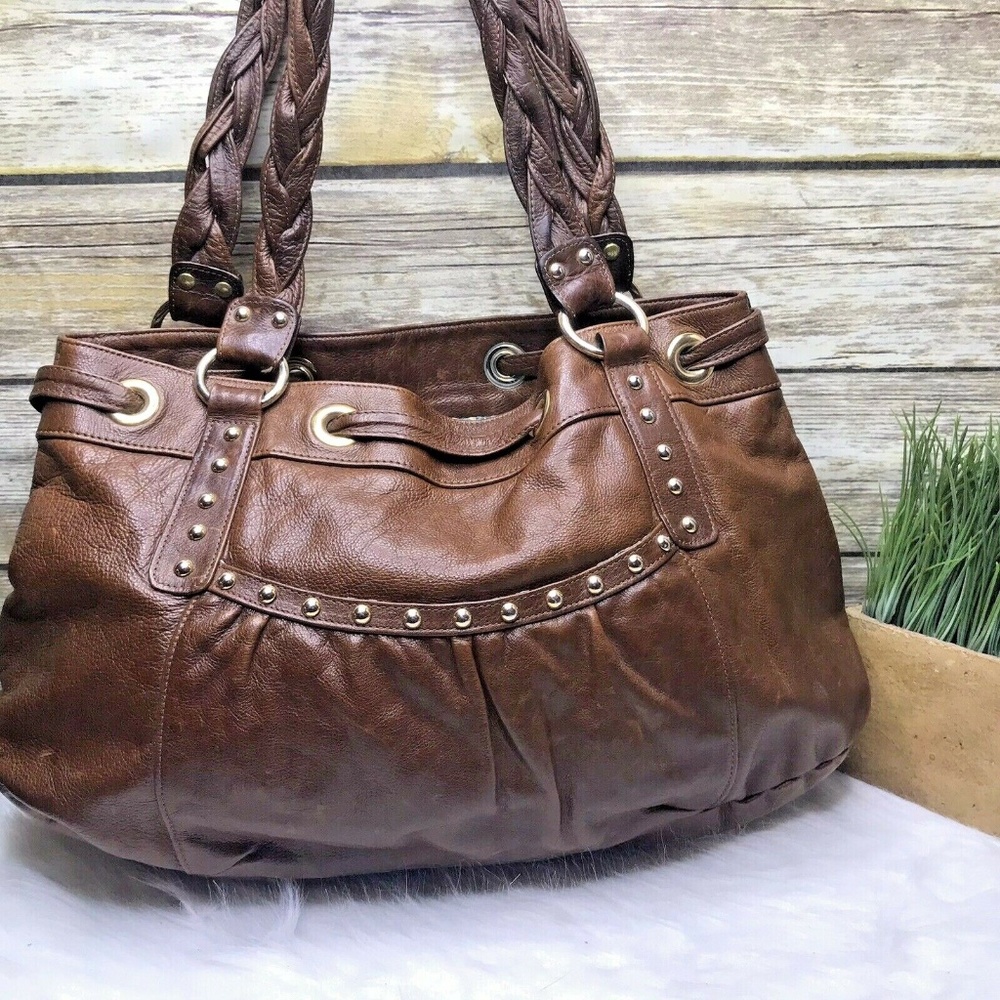 Bryna Nicole Brown Leather Studded Shoulder Bag